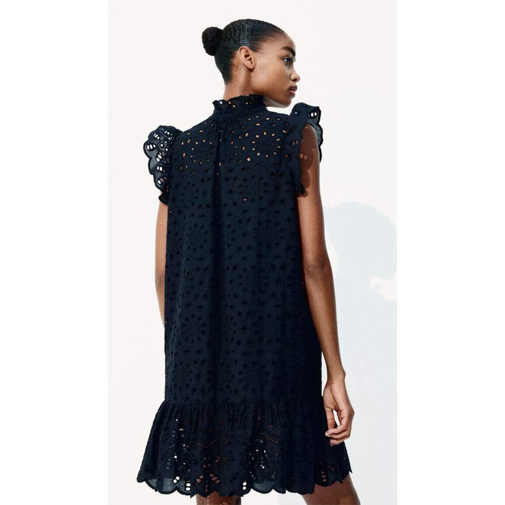 H&M Button Front Ruffle Hem Eyelet Lace Cap Sleeve Mini Dress Black XS - Picture 2 of 12